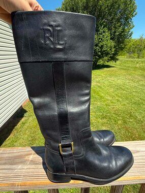 Ralph Lauren Black Leather Tall Boots size 6.5 Equestrian Minimalist Chic 3370